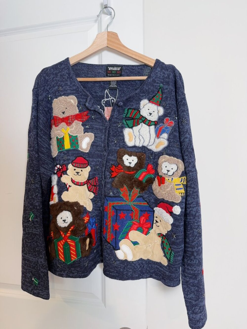 Vintage Teddy Bear Christmas Sweater Holiday Knit Cardigan Beaded Festive Cottag